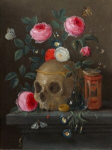 Vanitasstilleven met schedel, bloemen, vlinders en zandloper