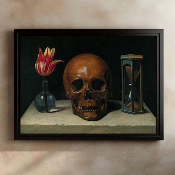 Vanitasstilleven met een schedel, tulp in vaas en zandloper